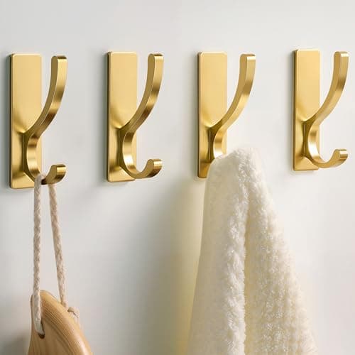 Image of Adhesive Wall Hooks for Towels Coats - Stick On Hooks Hanging Heavy Duty (13lb), Metal Hook for Door, Bathroom, Dorm, Closet - Hanger for Purse, Bag, Robe,Backpack - No Damage to Wall - Gold 4 Pack