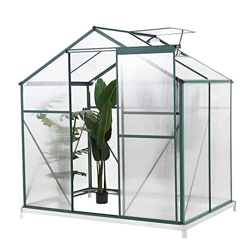 Image of Panana 4 x 6FT Polycarbonate Greenhouse, Large Walk-In Garden Greenhouse with Slide Door and Window, Galvanized Aluminium for Plants, Flowers, 192x131x184cm, Green