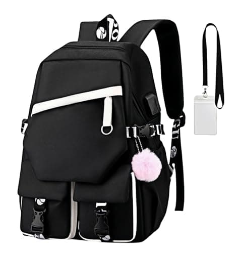 Image of FSRONGXI School Bags for Girl, Teen Girls Backpack 15.6“ Large Capacity Rucksack Casual Daypacks with Plush Ball Pendant Black