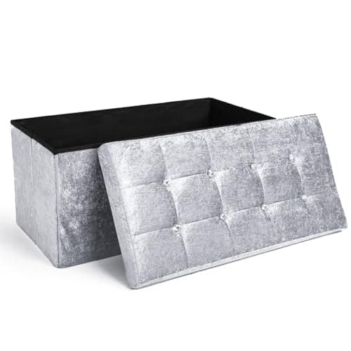 Image of Home Republic Crushed Velvet Ottoman Storage Box – Foldable Cube Ottoman with Lid – Multipurpose Toy Chest, Foot Rest, Bench Seat & Nursery Storage Solution (Silver, 76W)