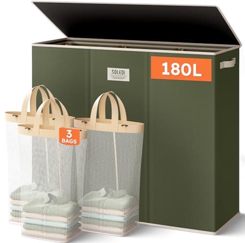Image of SOLEDI Laundry Basket 3 Compartments 180L Washing Basket with Lid, Clothes Hamper with Removable Laundry Bag, Collapsible Laundry Baskets, Sturdy and Stylish Laundry Bin for Home, Avocado Green