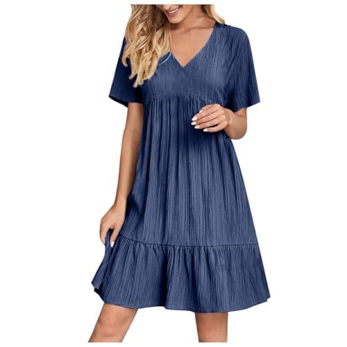 Image of AMhomely Summer Dresses for Women UK Smock-Short Sleeve Sundress Plus Size,V Neck,Patchwork Tiered Casual A-line Dresses,Plain Ruffle Cover Ups Dress,Office Work Travel B Navy XXL