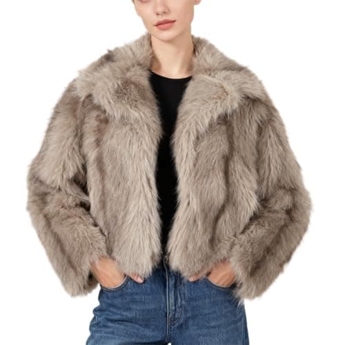 Image of Amazhiyu Womens Faux Fur Coat with Pockets, Winter Lapels Long Sleeve Jacket Open Front Outwear Plush Warm Cardigan Khaki M