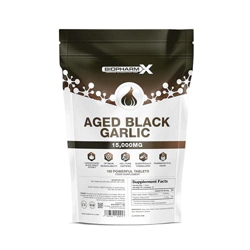 Image of Aged Black Garlic Tablets 15,000mg (180 Odourless Tablets) High Strength Black Garlic Extract with Vitamin B1 - Vegan