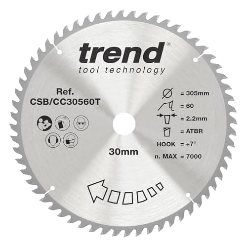 Image of Trend Wood Cordless ATBR Mitre Saw Blade, 305mm Diameter, 30mm Bore, 60 Teeth, 2.2mm Kerf, +7° Hook, TCT, Fine Finish, CSB/CC30560T