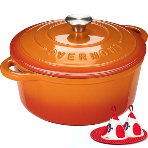Image of Overmont 28cm/6.6L Enamelled Cast Iron Round Casserole Pot With Lid Cookbook & Cotton Potholders - Non-stick Dutch Oven Cookware for Braising, Stews, Roasting, Bread Baking - Pumpkin, 7QT