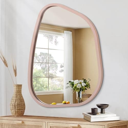 Image of HLFMVWE Irregular Wall Mirror 65x45CM, Asymmetrical Large Bathroom Mirror Wood Framed Modern Artistic Decorative Vanity for Bedroom Living Room Entryway Hallway