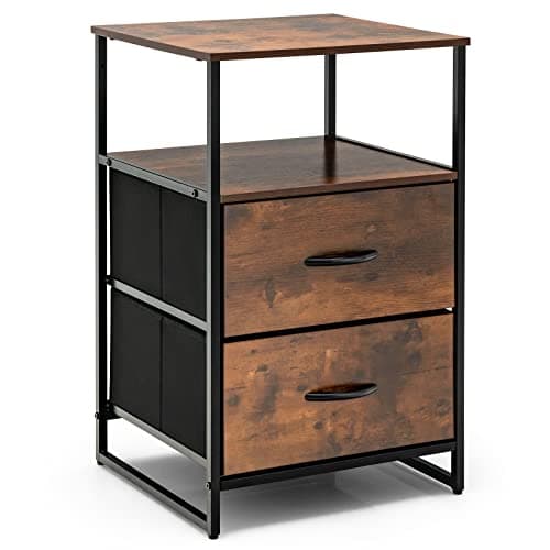 Image of COSTWAY 2/3-Drawer Dresser, Fabric Chest of Drawers with Wooden Top and Front, Metal Frame Storage Cabinet Tower Organizer Unit for Bedroom Living Room Hallway (2 Small Drawers+2-Tier Shelf, Brown)