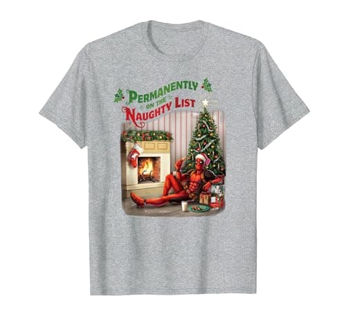Image of Marvel Deadpool Permanently on The Naughty List Holiday T-Shirt, Men, Heather Grey, 4X-Large