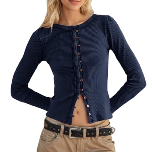 Image of Fuimsul Women Button Down Ribbed Knit Crop Top Casual Slim Fit Crew Neck Long Sleeve Button Front Knitted Crop T Shirt, Navy Blue, M