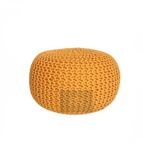 Image of PARADISE STAR Chunky Knitted Round Large 100% Cotton Pouffe Footstool Ottoman Handmade Knitted Pouffe Children Adults Kids Living Room COLOUR MUSTARD
