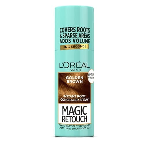 Image of L'Oréal Paris Magic Retouch Instant Root Spray, Golden Brown. Provides flawless coverage for grey regrowth in 3 seconds. The 75ml spray ensures quick, easy application for a natural finish.
