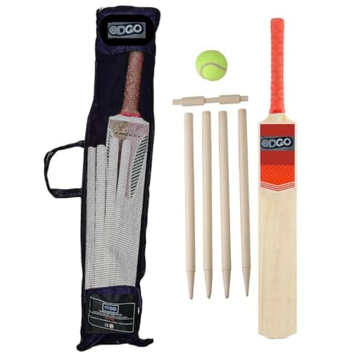 Image of LUXTROUS Cricket Set, Wooden Bat with Rubber Grip, 4 Stumps, Ball & Bails, Complete Outdoor Cricket Training Kit with Mesh Carry Bag for Beginner Practice & Garden Play (8-12 Year, Size 3)