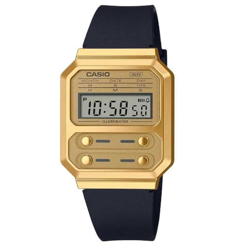 Image of Casio Unisex 40.70mm Quartz Watch with Gold Digital dial and Black Plastic/Resin Strap Strap A100WEFG-9AEF