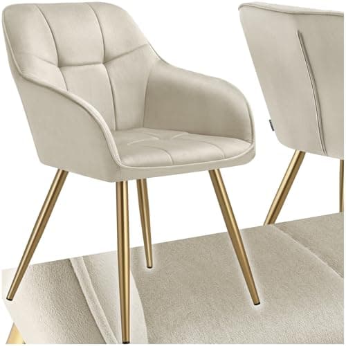 Image of tectake® Dining Chair with Velvet-Look Cover & Quilted Pattern, Armchair with Continuous Backrest, Gold Steel Legs & Soft Padding, Ideal as Dining Room, Kitchen, Bedroom & Desk Chair - Cream/Gold