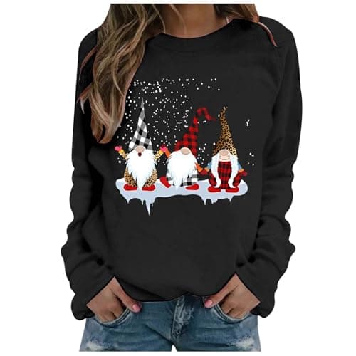 Image of Christmas Sweatshirt for Women UK Funny Gnomes Graphic Printed Jumper Long Sleeve Crewneck Winter Warm Xmas Holiday Pullover Lightweight Loose Fleece Raglan Shirts Ladies Casual Outfit (A05-Black, S)