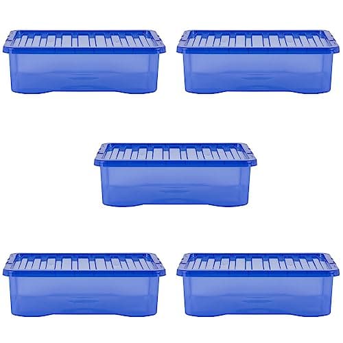 Image of Wham Crystal 5 x 32L Stackable Plastic Storage Boxes with Lids | Ideal for Home, Office, Toys & More | Medium Boxes | Made in UK - Spectrum Blue
