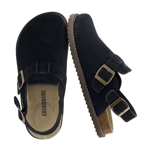 Image of CUSHIONAIRE Brooklyn Women's Suede Clogs - Adjustable Slingback Clog Sandal with Buckle, Memory Foam, Wide Widths, Black Suede, 6 UK