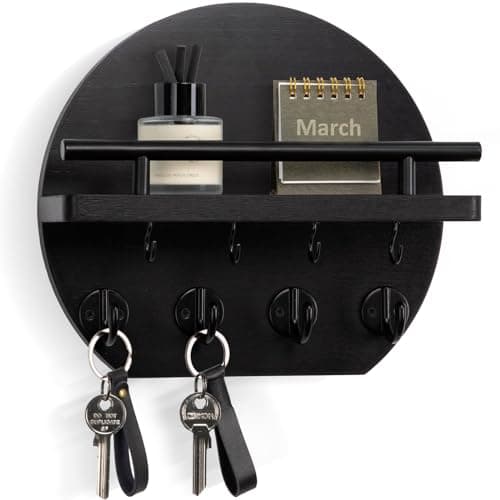 Image of Nekon Key Holder for Wall - 9.8 Inch Apartment Wall Decor with Shelf and 8 Key Hooks, Circular Wood Key Hanger for Home Decor (Black)