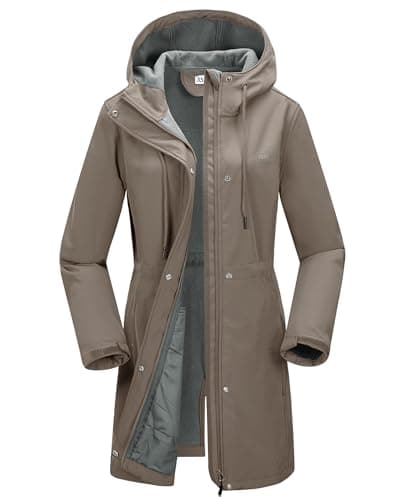 Image of 33,000ft Women’s Softshell Jacket with Hood Waterproof Ladies Functional Jacket Fleece Lined Windbreaker Breathable Raincoat Hooded Long Coats for Cycling Hiking Outdoor Khaki M