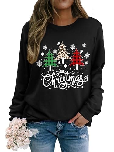 Image of Yihelian Christmas Sweatshirts for Women Xmas Tree Graphic Top Ladies Merry Christmas Letter Printing Shirts Long Sleeve Round Neck Blouse Black