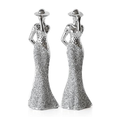 Image of Prodbuy Set of 2 Silver Elegant Lady Figures 29.5cm Tall Silver Ceramic Ornaments