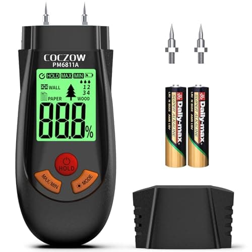 Image of PM6811A 6-in-1 Moisture Meter for Wood Walls Firewood Logs Floors Caravan, ±1% Pin-Type Damp Tester for Paper, Drywall and Building Material, GB/T1931 Standard with Tricolor Backlit LCD