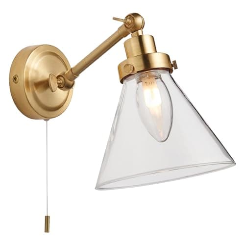 Image of National Lighting Teepee Wall Light - Brass Satin, IP44 Bathroom Wall Light with Pull Cord with Glass Cone Shade - Adjustable Arm, Interior Wall Lights Fixture, G9 LED Compatible - 150-330mm Height