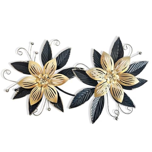 Image of Liffy Black Gold Metal Flowers Wall Decor,15" 3D Multi-layer Modern Floral Art, Rustic Distressed Hanging Decor for Indoor, Bedroom Living Room Garden Patio, Home Decoration