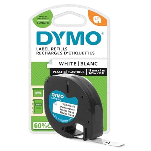 Image of Dymo S0721660 LetraTag Plastic Tape, Self-Adhesive, 12 mm x 4 m Roll, Black Print on White