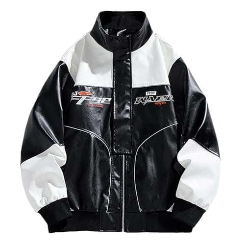 Image of Caxndycing Men's Varsity Jacket Vintage Letter Racer Jacket 90S Vintage Racing Zip Long Sleeve Sweat Jacket Motorcycle Bomber Jacket Stand-Up Collar College Jacket Fashion Baseball Jacket, black, L