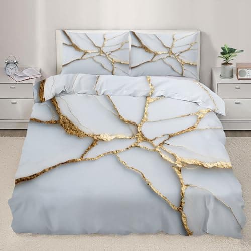 Image of YEMYOR White Gold Marble Duvet Cover 200x200 cm, Abstract Golden Cracked Bedding Set, Luxury Marbling Comforter Cover with Hidden Zipper