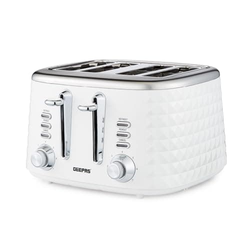 Image of GEEPAS Argyle 4 Slice Toaster | 7 Browning Levels with Cancel Defrost Reheat | For Thin Small Bread Slice | 2 Independent Controls 2 Removable Crumb Trays High Lift | 2 Yr Warranty 1750W White