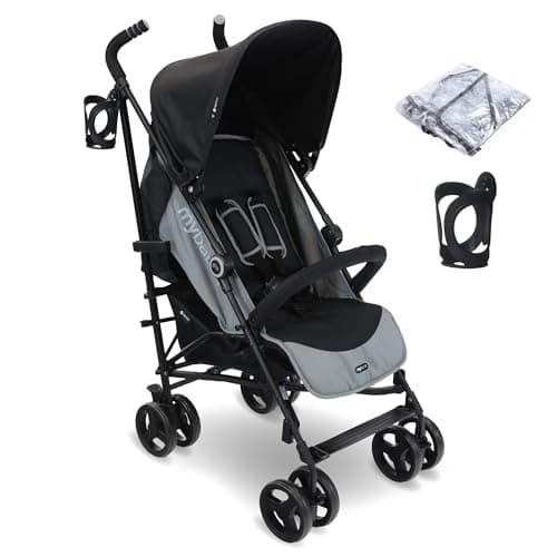Image of My Babiie MB02 Plus Stroller - from Birth to 4 Years (22kg), Lightweight & Compact Umbrella Fold, Travel Buggy for Toddlers, Pushchair Includes Cup Holder and Rain Cover - Black & Grey