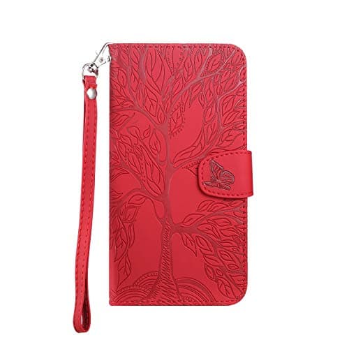 Image of Norn for Samsung Galaxy S6 Phone Case,Tree of Life Embossed Folio Flip PU leather wallet case,with stand function,Magnetic Closure,shokproof Protective Cover Case with Card Slots+1 pcs Wrist Strap,Red