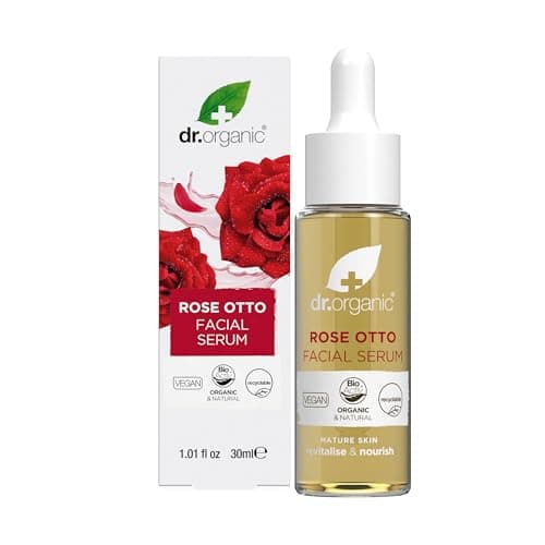 Image of Dr Organic Rose Otto Facial Serum, Moisturising, Healthy-Aging, Wrinkles, Mature Skin, Natural, Vegan, Cruelty-Free, Paraben & SLS-Free, Recycled & Recyclable, Organic, 35ml, Packaging may vary