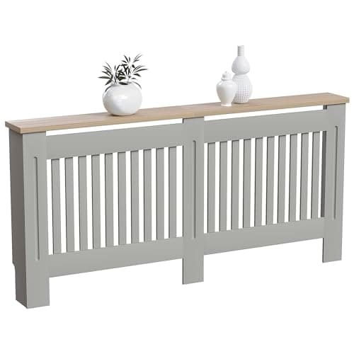 Image of Vida Designs Arlington Radiator Cover Olive Grey - Extra Large - Modern Shaker Style Vertical Slats for Heat Circulation - H83.3xW172xD19cm - Painted MDF Cabinet with Wood Top