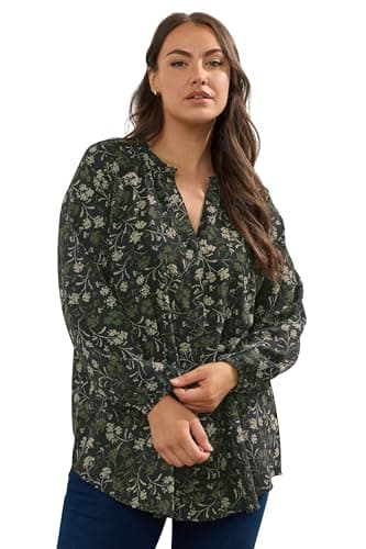 Image of Yours Curve Floral Frill Neck Blouse - Women's - Plus Size Curve Green