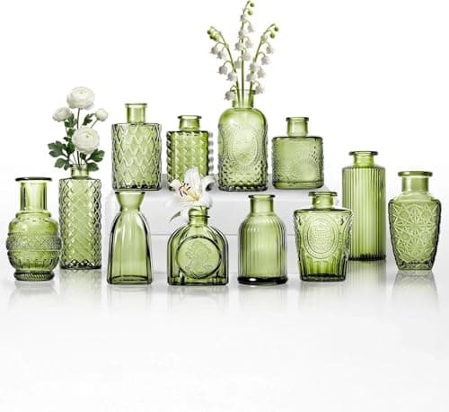 Image of 12 Pieces, Small Glass Vases, Vintage Style with Structural Pattern, for Flowers and Home Decor (Green, 12 pieces)