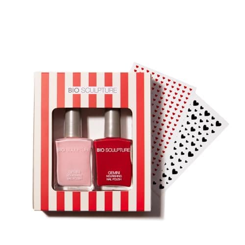 Image of Bio Sculpture Nail Polish Gift Set Duo - Pillar Box Red No 19 and Polish Rose, Long-Lasting, Aloe Vera, Ginseng & Lemon Infused for Healthy Nails, Smooth Finish, High-Shine, 14ml with Nail Stickers