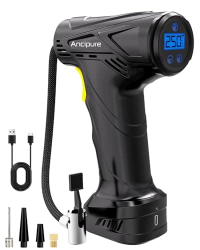 Image of Tyre Inflator Air Compressor, 6000mAh USB Rechargeable Battery, 150PSI Handheld Pump With LED Light, Auto Shut-off, 3 Nozzles for Car, Bicycle, Motorcycle Tires, Ball