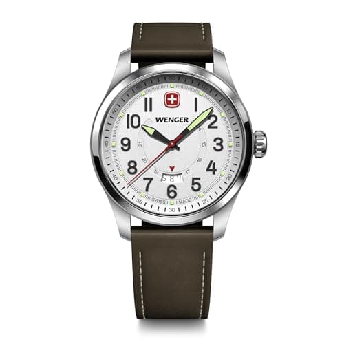 Image of Wenger Men’s Watch Terragraph Ø 43 mm, Swiss Made, Analogue Quartz, Water-Resistant up to 100 m, Leather Strap, White/Brown, 01.0541.120