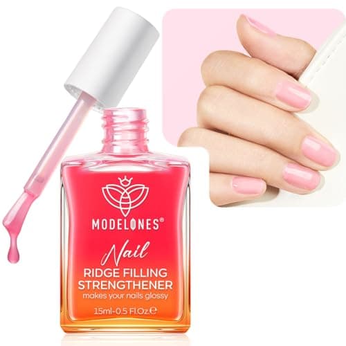 Image of Modelones Nail Care 8 in one Ridge Filling Strengthener Treatment, Nail Polish Strengthener for Damaged and Weak Nails, Nail Hardener Extra Strong and Growth Smoothing Base Coat Rose Pink Varnish 15ml