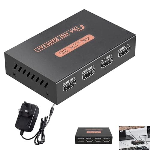 Image of HDMI Splitter 1 in 4 out, 4 Port HDMI Splitter with UK Power Supply, Supports 3D 4K at 30Hz 1x4, Mirror Mode Only, 4 Way Distributor for HDTV, Blu-ray, DVD, Fire Stick, PS4, PC, Monitor