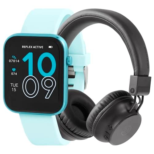 Image of Reflex Active Series 12 Blue Strap Smart Watch and Wireless Foldable On Ear Headphones with Built in Mic Bundle Gift Set