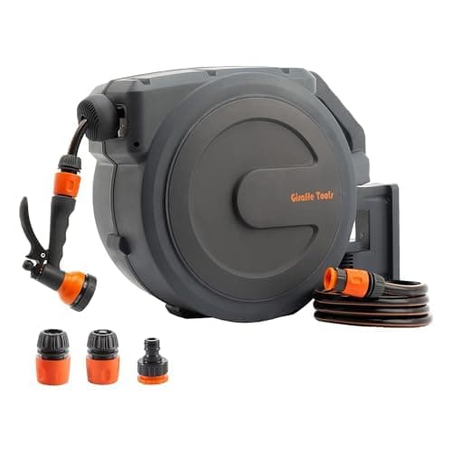 Image of Giraffe Tools Retractable Hose Reel Wall Mounted, 35+2m Garden Hose Reel, 180° Pivotal with 7 in 1 Spray Nozzle, Grey