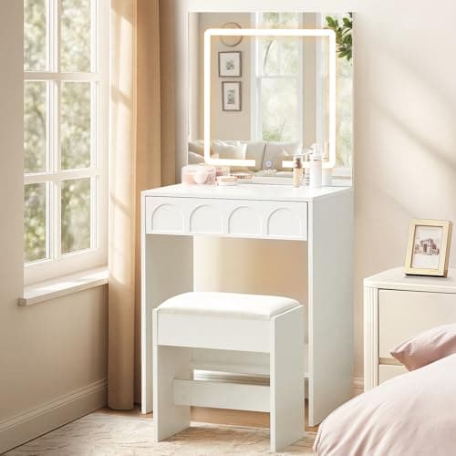 Image of LEMROE Dressing Table with Rectangular LED Mirror and Stool, Compact Small Vanity Table Set with Vacuum-Formed Drawer for Small Spaces, White Makeup Desk for Bedroom, Modern (White - Square Mirror)