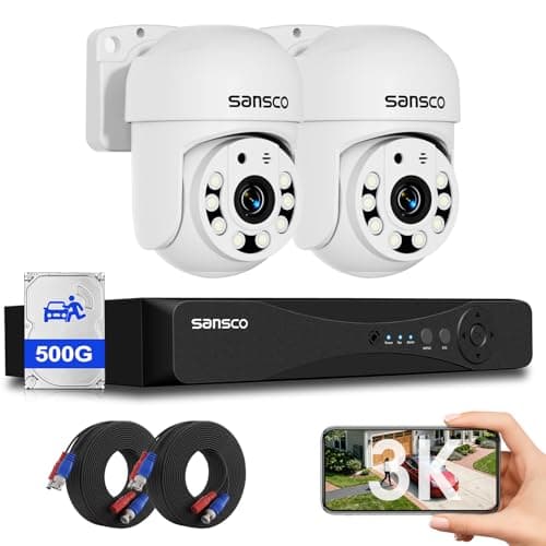 Image of SANSCO Audio Recording, 3K PTZ Wired CCTV Camera System Outdoor w/ 500GB Hard Drive, 2 x 5MP 360° Rotating Home Security Camera, 4 Channel DVR, Night Vision, Human/Vehicle Detection, Email/App Alert