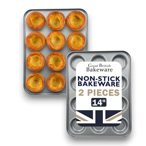 Image of Great British Bakeware 2 Pack 14"/36cm Superior Double Coated Non-Stick 12 Cup Bun Tray, Yorkshire Pudding Tray, Muffin, Mince Pie, Fairy Cake Tin, Cupcake, UK Made, PFOA & BPA Free Cookware