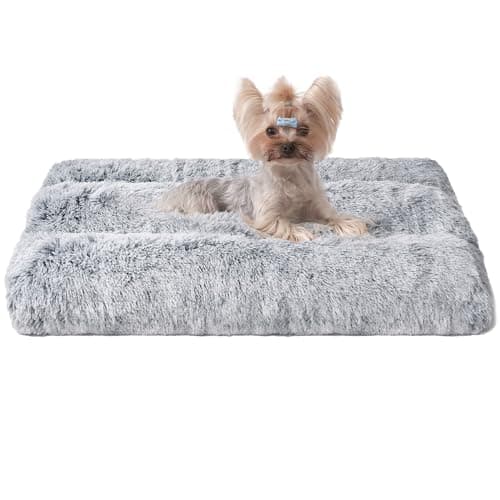 Image of EHEYCIGA Fluffy Small Dog Crate Bed, Calming Anti Anxiety Pet Bed Washable, Dog Mat Mattress for Crate with Anti-Slip Bottom, Grey, 60x45x7.5cm